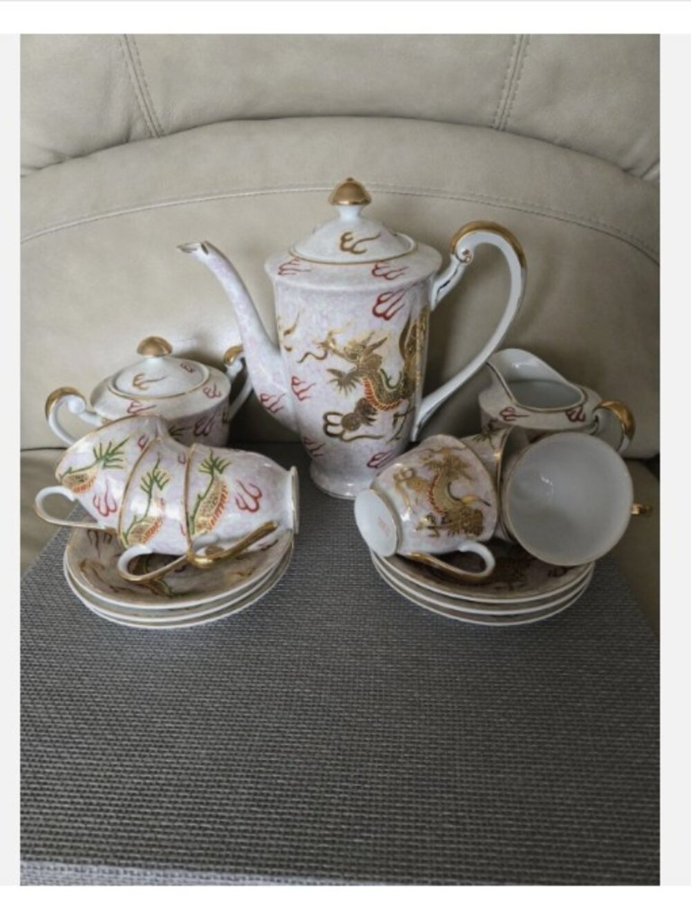 Tea Set Porcelain hand-painted dragon pattern in raised paint Made in Japan - Picture 2 of 11